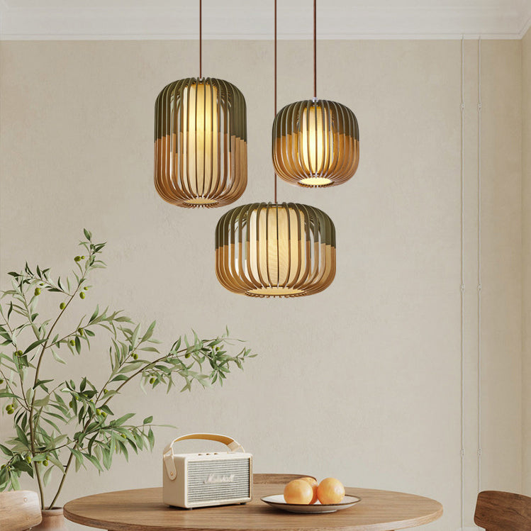 Contemporary Scandinavian Lantern Hollowed Out Round Cylinder Fabric Wood 1-Light Pendant Light For Living Room