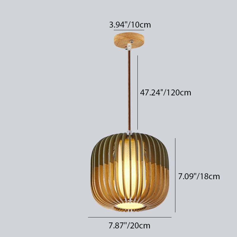 Contemporary Scandinavian Lantern Hollowed Out Round Cylinder Fabric Wood 1-Light Pendant Light For Living Room