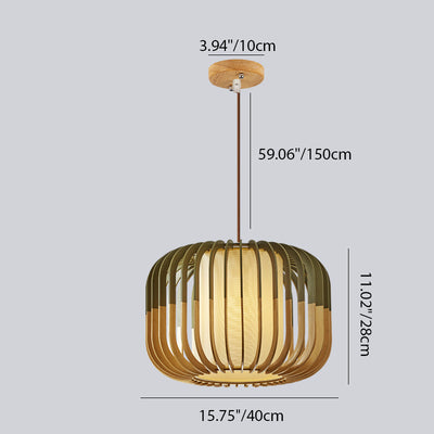 Contemporary Scandinavian Lantern Hollowed Out Round Cylinder Fabric Wood 1-Light Pendant Light For Living Room