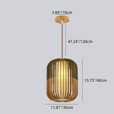 Contemporary Scandinavian Lantern Hollowed Out Round Cylinder Fabric Wood 1-Light Pendant Light For Living Room