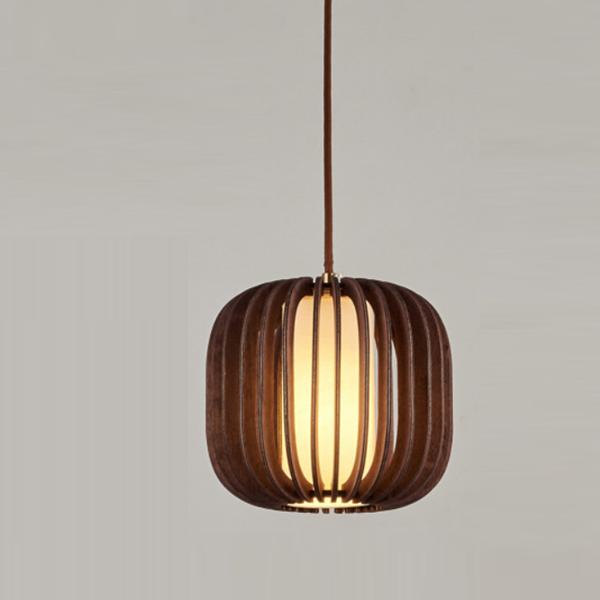 Contemporary Scandinavian Lantern Hollowed Out Round Cylinder Fabric Wood 1-Light Pendant Light For Living Room