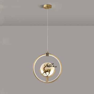 Traditional Chinese Round Eagle Orchid Bamboo Leaf Jade Brass LED Pendant Light For Living Room