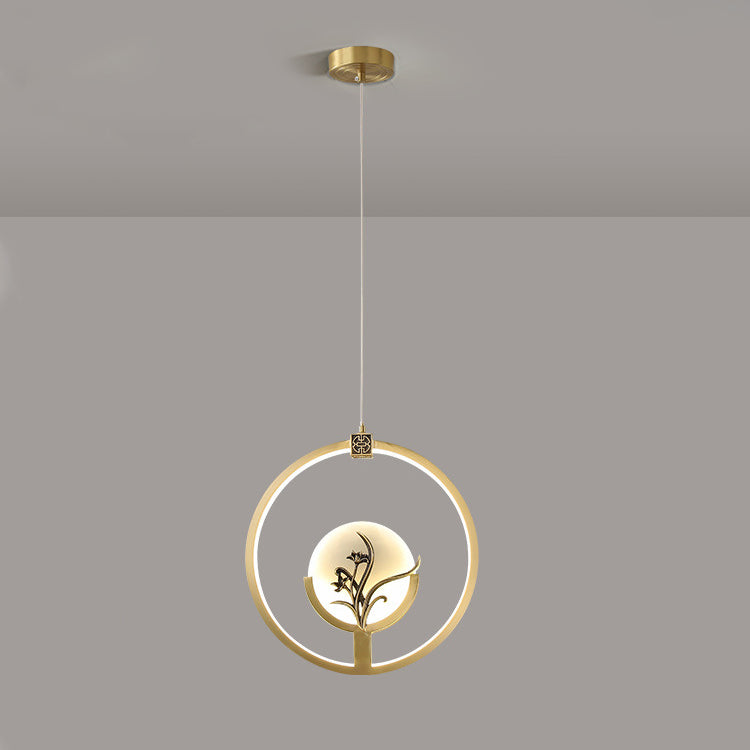 Traditional Chinese Round Eagle Orchid Bamboo Leaf Jade Brass LED Pendant Light For Living Room