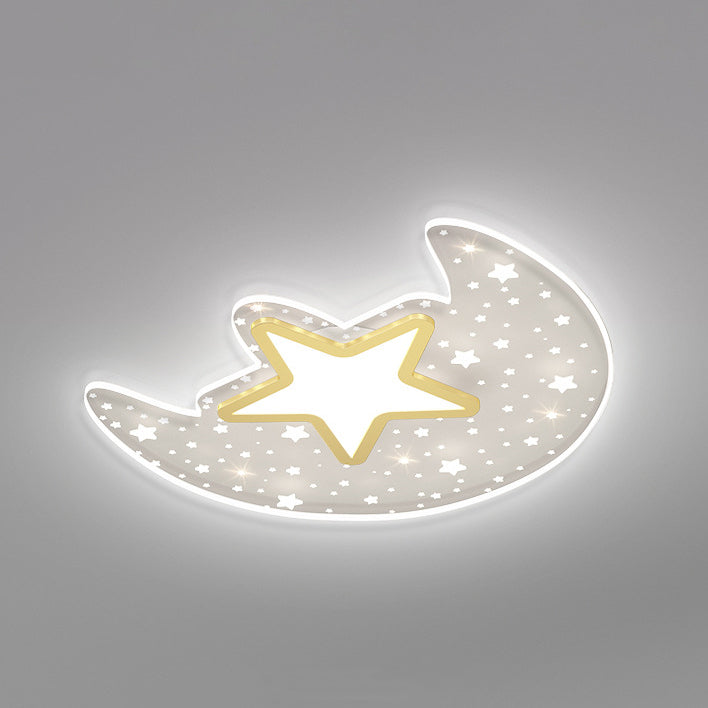 Modern Minimalist Crescent Moon Star Acrylic Iron LED Flush Mount Ceiling Light For Bedroom