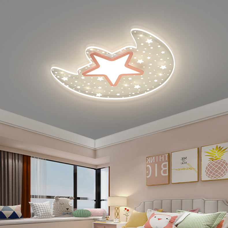 Modern Minimalist Crescent Moon Star Acrylic Iron LED Flush Mount Ceiling Light For Bedroom