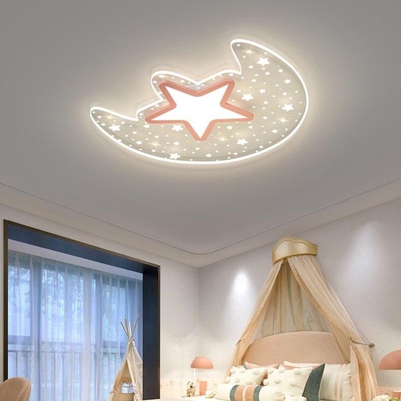 Modern Minimalist Crescent Moon Star Acrylic Iron LED Flush Mount Ceiling Light For Bedroom