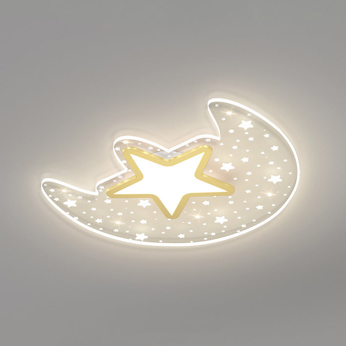 Modern Minimalist Crescent Moon Star Acrylic Iron LED Flush Mount Ceiling Light For Bedroom