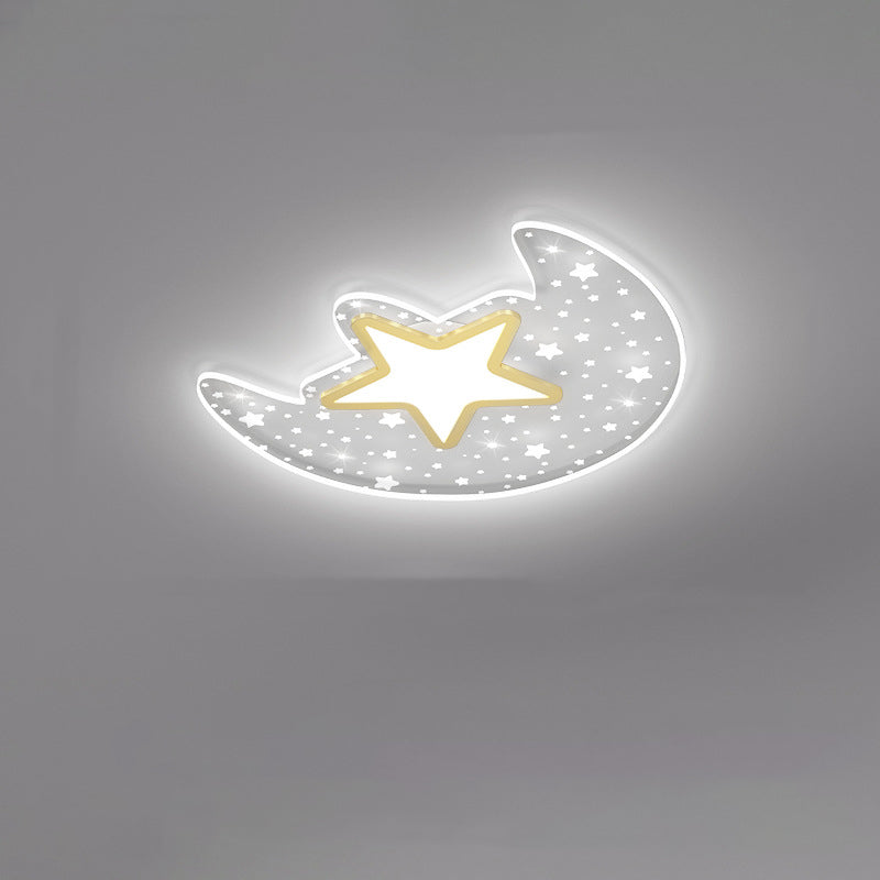 Modern Minimalist Crescent Moon Star Acrylic Iron LED Flush Mount Ceiling Light For Bedroom