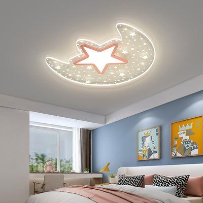 Modern Minimalist Crescent Moon Star Acrylic Iron LED Flush Mount Ceiling Light For Bedroom