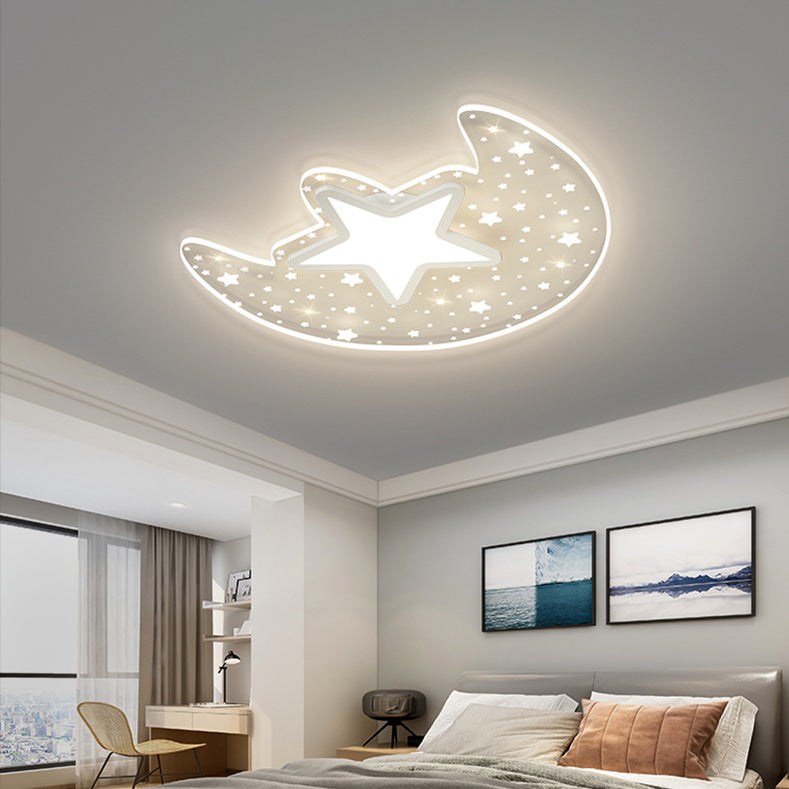 Modern Minimalist Crescent Moon Star Acrylic Iron LED Flush Mount Ceiling Light For Bedroom