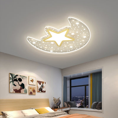 Modern Minimalist Crescent Moon Star Acrylic Iron LED Flush Mount Ceiling Light For Bedroom