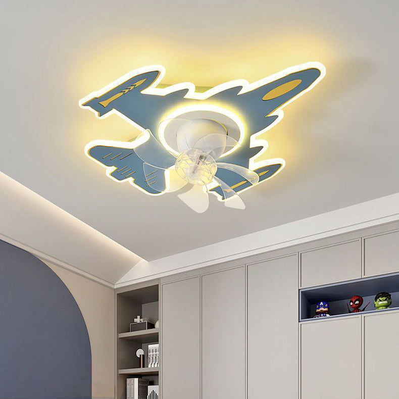 Modern Art Deco Airplane Shape Acrylic Iron LED Flush Mount Ceiling Fan Light For Bedroom