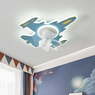 Modern Art Deco Airplane Shape Acrylic Iron LED Flush Mount Ceiling Fan Light For Bedroom