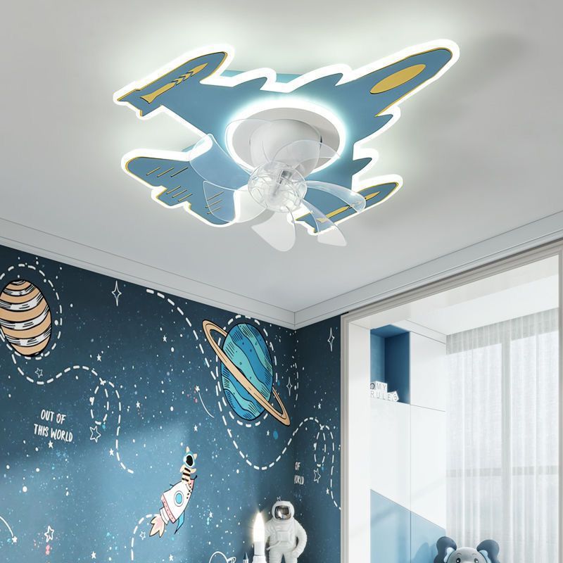 Modern Art Deco Airplane Shape Acrylic Iron LED Flush Mount Ceiling Fan Light For Bedroom