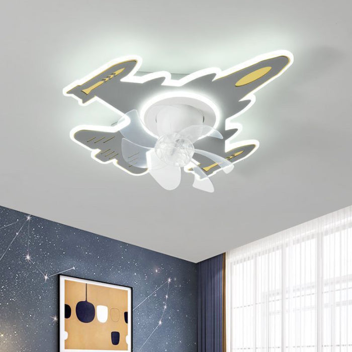 Modern Art Deco Airplane Shape Acrylic Iron LED Flush Mount Ceiling Fan Light For Bedroom