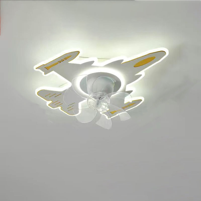 Modern Art Deco Airplane Shape Acrylic Iron LED Flush Mount Ceiling Fan Light For Bedroom