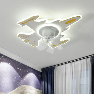 Modern Art Deco Airplane Shape Acrylic Iron LED Flush Mount Ceiling Fan Light For Bedroom