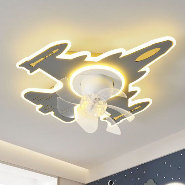 Modern Art Deco Airplane Shape Acrylic Iron LED Flush Mount Ceiling Fan Light For Bedroom