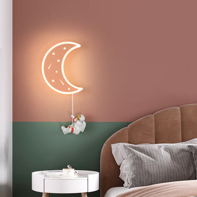 Modern Art Deco Crescent Moon Astronaut Star Acrylic Resin Hardware LED Wall Sconce Lamp For Living Room