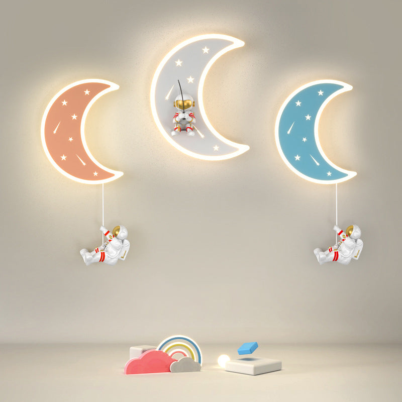 Modern Art Deco Crescent Moon Astronaut Star Acrylic Resin Hardware LED Wall Sconce Lamp For Living Room