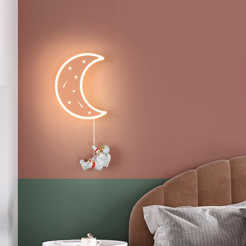 Modern Art Deco Crescent Moon Astronaut Star Acrylic Resin Hardware LED Wall Sconce Lamp For Living Room