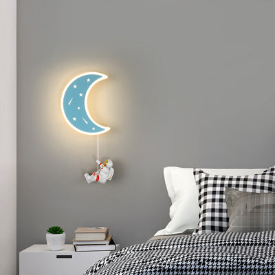 Modern Art Deco Crescent Moon Astronaut Star Acrylic Resin Hardware LED Wall Sconce Lamp For Living Room