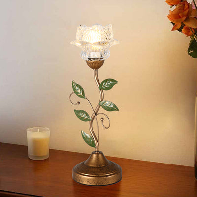 Traditional French Floral Leaf Round Glass Iron 1-Light Table Lamp For Bedroom