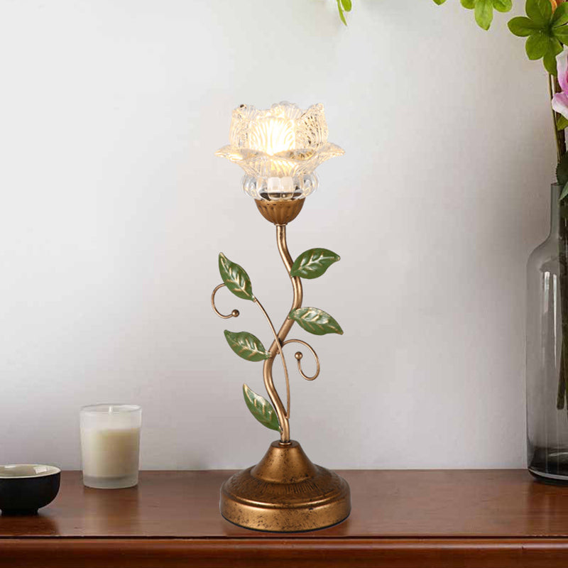 Traditional French Floral Leaf Round Glass Iron 1-Light Table Lamp For Bedroom