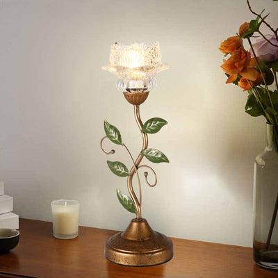 Traditional French Floral Leaf Round Glass Iron 1-Light Table Lamp For Bedroom