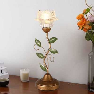 Traditional French Floral Leaf Round Glass Iron 1-Light Table Lamp For Bedroom