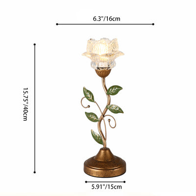 Traditional French Floral Leaf Round Glass Iron 1-Light Table Lamp For Bedroom