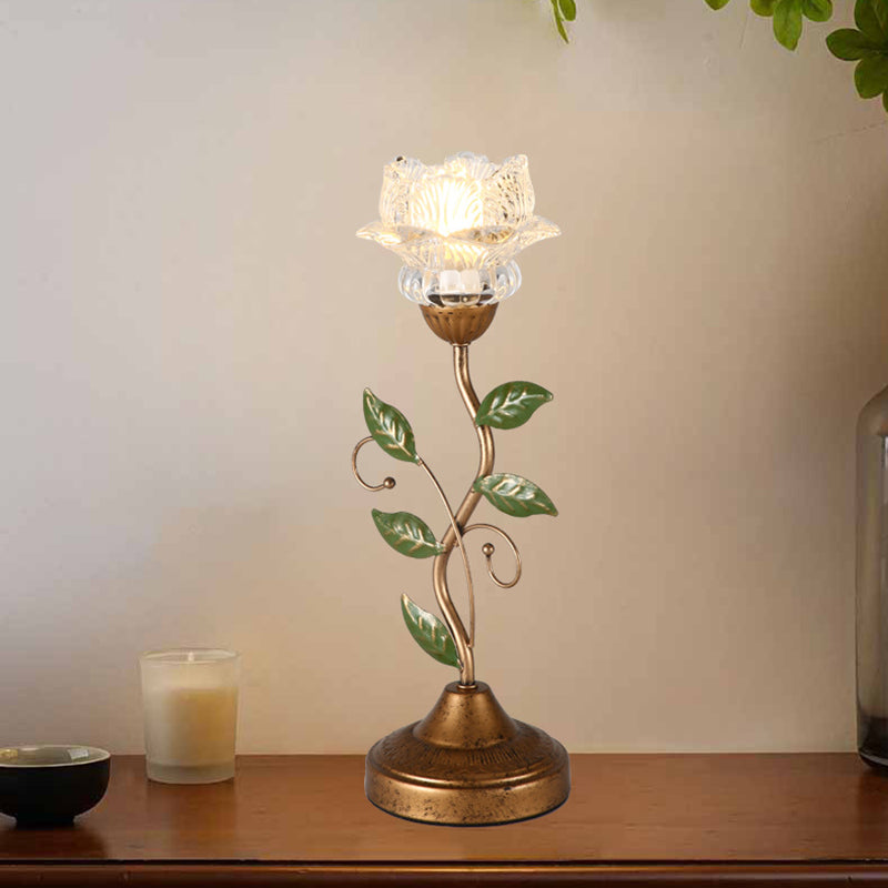 Traditional French Floral Leaf Round Glass Iron 1-Light Table Lamp For Bedroom