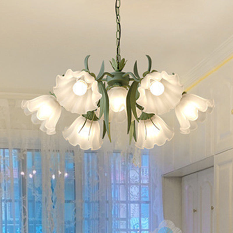 Traditional French Bellflower Branch Leaf Glass Iron 7/9 Light Chandelier For Living Room