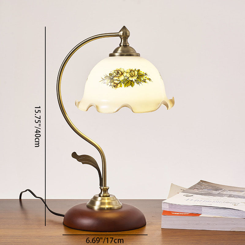 Traditional Chinese Curved Round Lotus Flower Glass Solid Wood 1-Light Table Lamp For Living Room