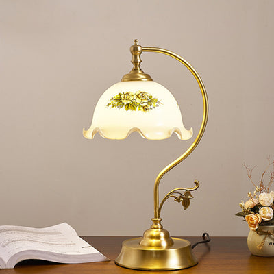 Traditional Chinese Lotus Curved Round Glass Brass 1-Light Table Lamp For Living Room