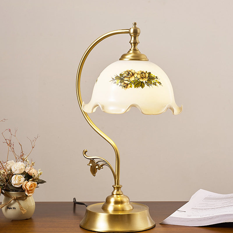 Traditional Chinese Lotus Curved Round Glass Brass 1-Light Table Lamp For Living Room