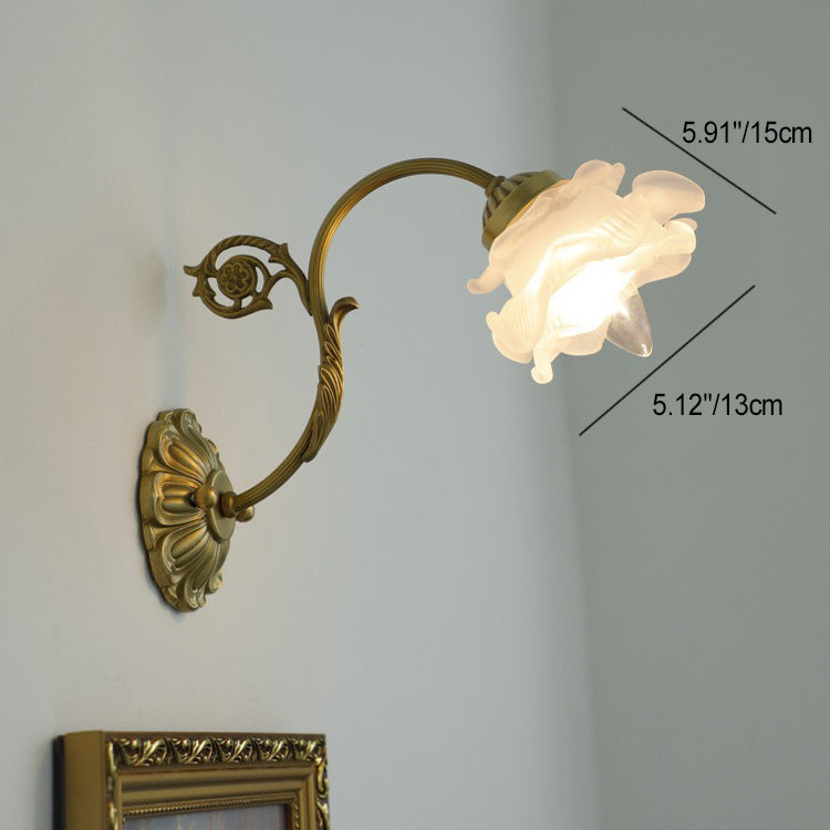 Traditional French Rose Floral Glass Brass 1-Light Wall Sconce Lamp For Living Room