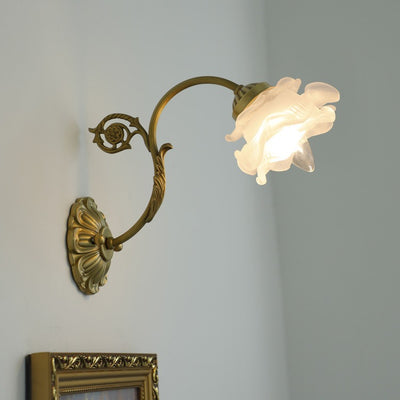 Traditional French Rose Floral Glass Brass 1-Light Wall Sconce Lamp For Living Room