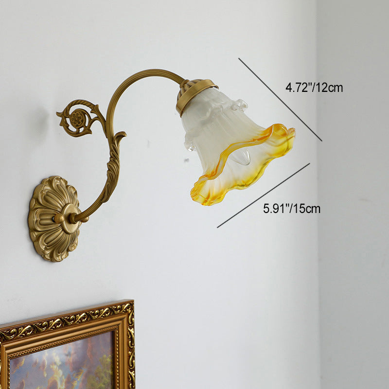 Traditional French Rose Floral Glass Brass 1-Light Wall Sconce Lamp For Living Room