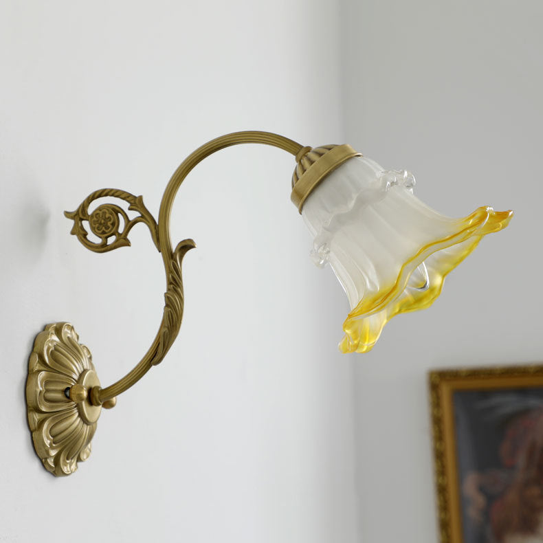 Traditional French Rose Floral Glass Brass 1-Light Wall Sconce Lamp For Living Room