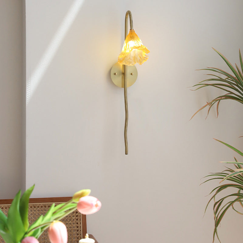 Traditional Chinese Long Flared Flower Glazed Copper 1-Light Wall Sconce Lamp For Living Room