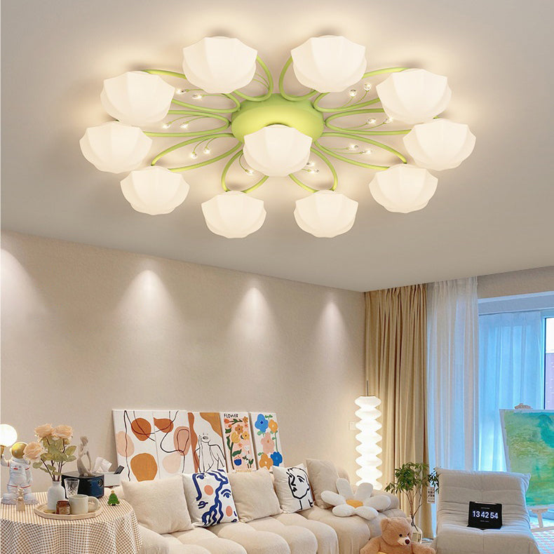 Contemporary Scandinavian Branch Round Pumpkin Glass Iron 4/7/9/11 Light Semi-Flush Mount Ceiling Light For Bedroom