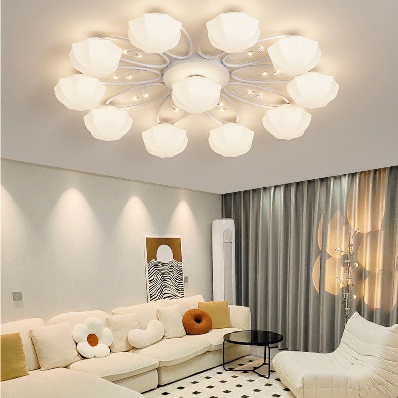 Contemporary Scandinavian Branch Round Pumpkin Glass Iron 4/7/9/11 Light Semi-Flush Mount Ceiling Light For Bedroom