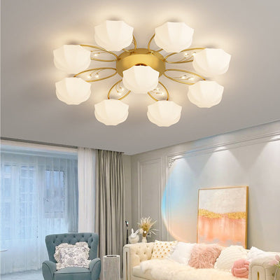 Contemporary Scandinavian Branch Round Pumpkin Glass Iron 4/7/9/11 Light Semi-Flush Mount Ceiling Light For Bedroom