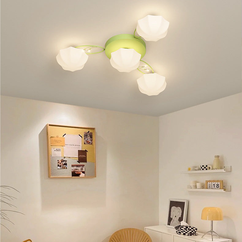 Contemporary Scandinavian Branch Round Pumpkin Glass Iron 4/7/9/11 Light Semi-Flush Mount Ceiling Light For Bedroom