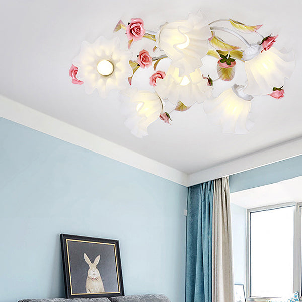 Modern Art Deco Rose Flower Leaf Glass Iron 4/6/7/9/11 Light Semi-Flush Mount Ceiling Light For Bedroom