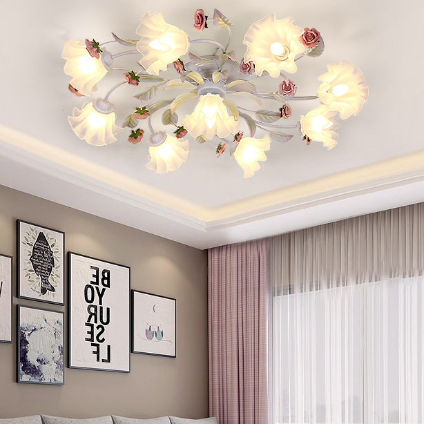 Modern Art Deco Rose Flower Leaf Glass Iron 4/6/7/9/11 Light Semi-Flush Mount Ceiling Light For Bedroom