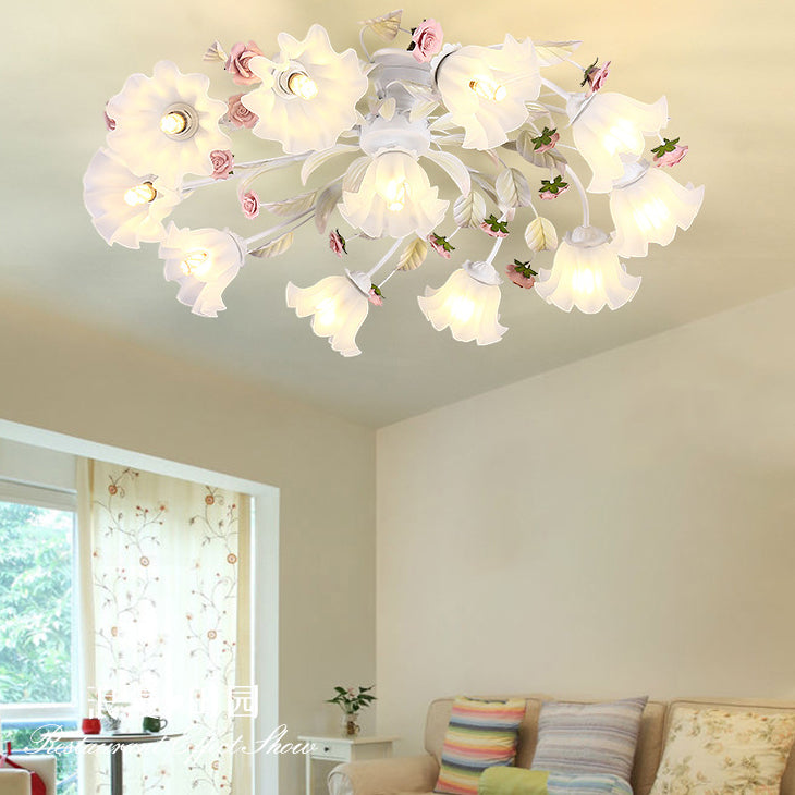 Modern Art Deco Rose Flower Leaf Glass Iron 4/6/7/9/11 Light Semi-Flush Mount Ceiling Light For Bedroom