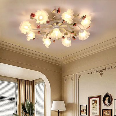 Modern Art Deco Rose Flower Leaf Glass Iron 4/6/7/9/11 Light Semi-Flush Mount Ceiling Light For Bedroom