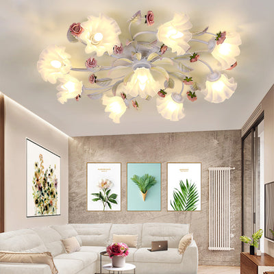 Modern Art Deco Rose Flower Leaf Glass Iron 4/6/7/9/11 Light Semi-Flush Mount Ceiling Light For Bedroom